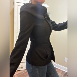 Zara Black Ruffle Neck Zipper Fitted Coat Small S